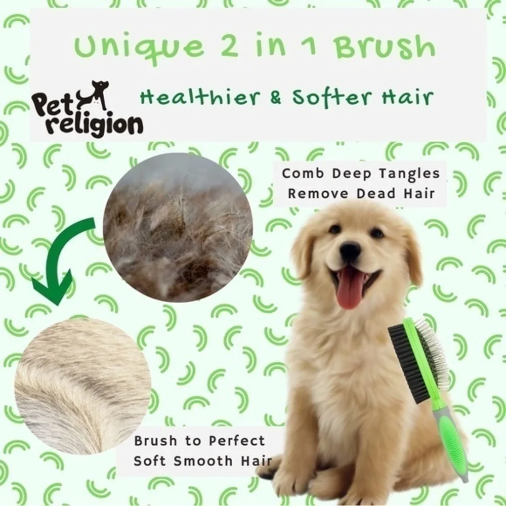 Dog Brush for Shedding Two Sided Lime Green Rubber Grip 2 in 1 Pet Brush